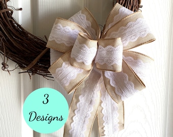 Burlap Lace Bow, Farmhouse Wreath Decor, Lantern Accent