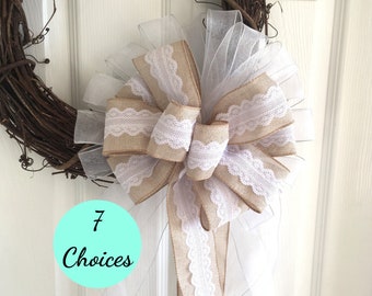 Burlap Wedding Pew Bow with Lace, Rustic Decor
