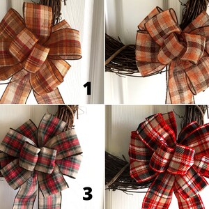 May include: Four decorative grapevine wreaths with plaid ribbon bows. The bows feature various colors, including orange, red, brown, and green. The wreaths are suitable for seasonal or holiday decor.