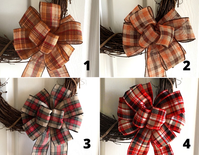 May include: Four decorative grapevine wreaths with plaid ribbon bows. The bows feature various colors, including orange, red, brown, and green. The wreaths are suitable for seasonal or holiday decor.