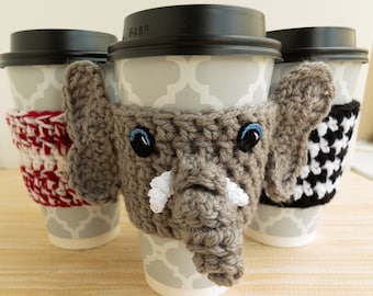 Crochet Elephant Coffee Sleeve, Iced Coffee Cozy, Houndstooth, Cup Sleeve, College Student Gift, Professor Gift, Coffee Drinker Gift