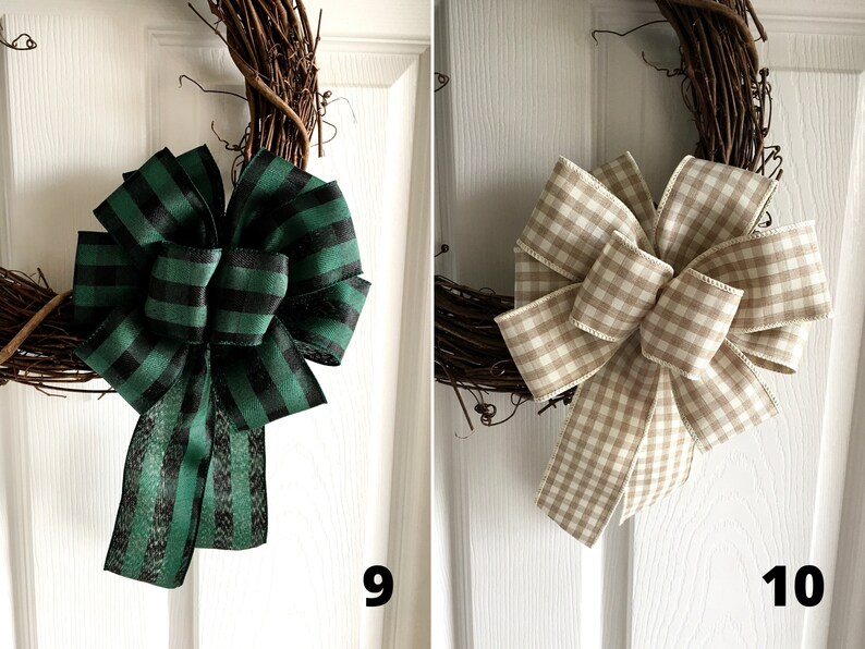 May include: Two decorative grapevine wreaths with large bows. One bow is green and black plaid, and the other is tan and white gingham. The wreaths are hanging on a white door. Numbers 9 and 10 are visible.