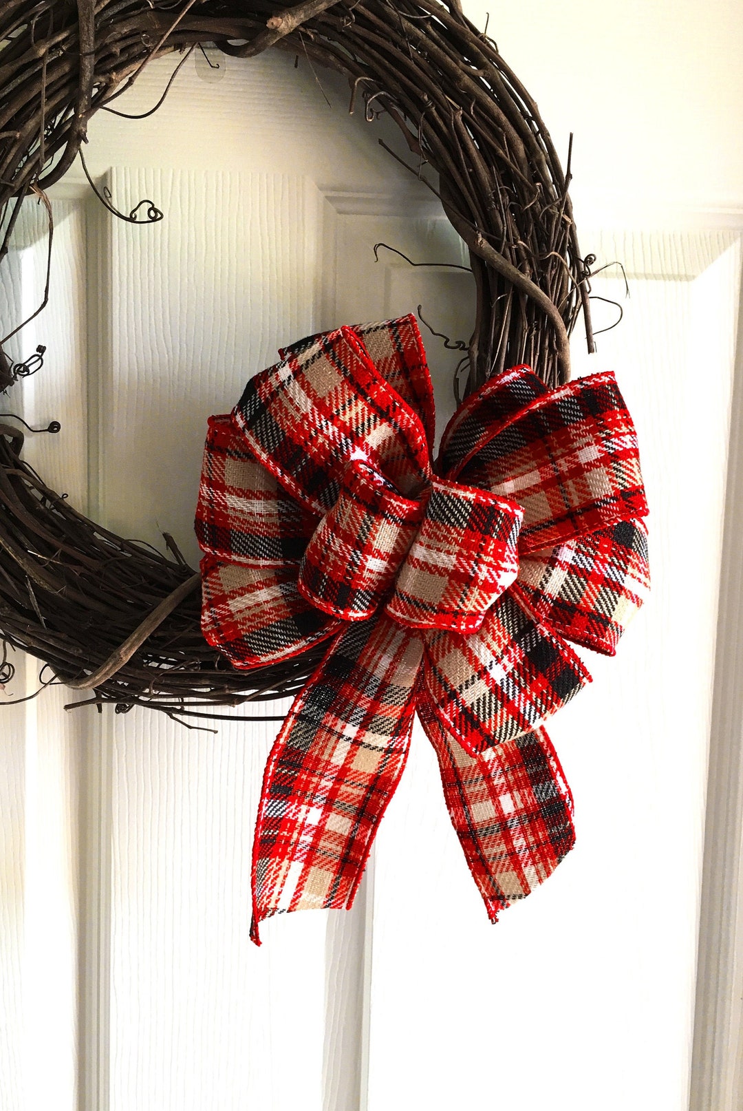 Plaid Burlap Bows, Fall Bows for Wreaths, Farmhouse Christmas, Premade Bows, Christmas Wreath