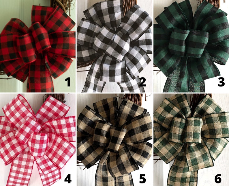 May include: Six different plaid ribbon bows in various colors, including red, black, white, green, and tan. The bows are tied in a simple knot and are perfect for adding a touch of rustic charm to any project.