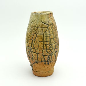 Hand built, wood fired vase with textured sides