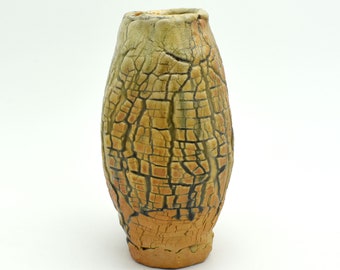 Hand built, wood fired vase with textured sides