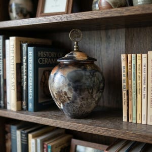 May include: A round ceramic vessel with a mottled black, gray, and tan finish, featuring a matching lid topped with a circular metal finial. The vessel has a smooth, rounded body and sits between two rows of books on a wooden shelf.