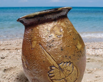 Hand Built Ceramic Pottery Vase with Fossil Carvings for Beach Lovers Everywhere. Orignal pottery by CT artist Kenneth Picard