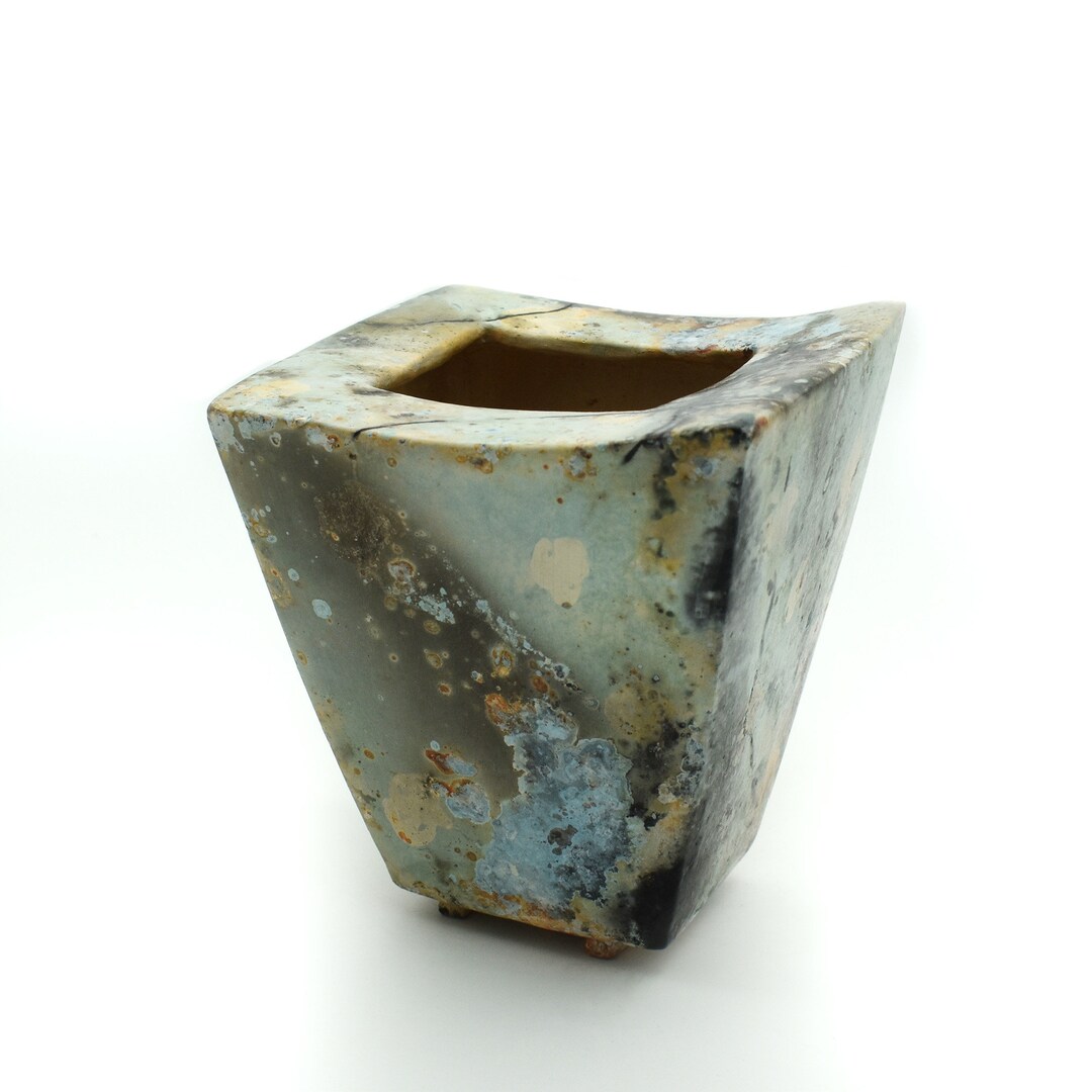 Pit Fired Blue Square Vase Etsy