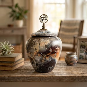 Pode incluir: Um jarro de cerâmica decorativo com tampa, apresentando um esmalte escuro e manchado com tons de castanho, laranja e branco. A tampa é encimada por um design de libélula de cor bronze. O jarro é exibido em uma superfície de madeira rústica.