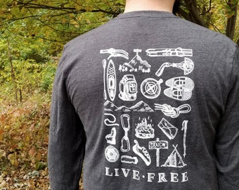 Unisex Live Free Long Sleeve Shirt - hiking, camping, outdoor sports, rock climbing gear, grey, adventure, mountain biking, kayak backpack