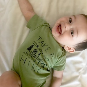 Organic cotton Take A Hike bodysuit, baby, Toddler, infant clothing, 6 months, 12 months, 18 months, pink green, USA made, hiking, adventure