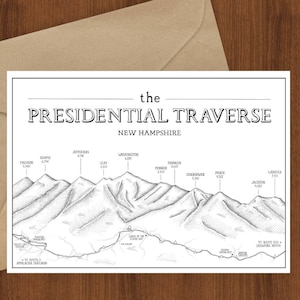 Presidential Traverse greeting card - New Hampshire, 4000 footers illustrated hiking, Appalachian Trail, presi traverse, Mt Washington, AT