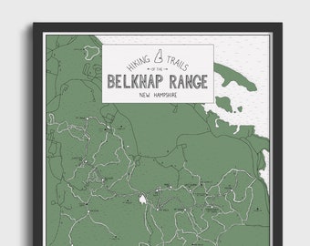 Belknap Range NH Color Your Hike Trail Map, hand drawn print, hiking gift, New Hampshire, 4,000 footers, Gunstock Mt, Mt Major, kids hike