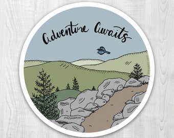 Adventure Awaits Sticker - hiking, climbing, water bottle sticker, car decal, mountains, outdoors, summit, travel, durable, vinyl, bird