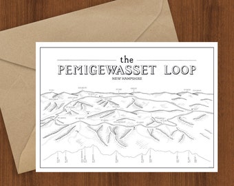 Cartão comemorativo Pemi Loop - New Hampshire, trilha ilustrada de 4.000 pés, Trilha dos Apalaches, AT, Pemi Loop, trilha Pemigewasset NH, mapa de caminhada