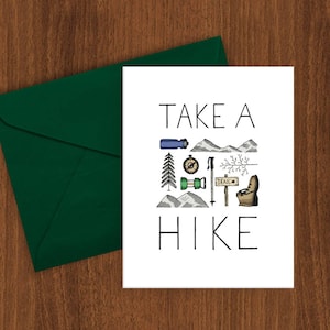 Take A Hike - Tarjeta de felicitación A2, senderismo, aventura, montaña, botas, árboles, brújula, postes
