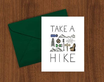 Take A Hike - A2 greeting card, hiking, adventure, mountain, boots, trees, compass, poles