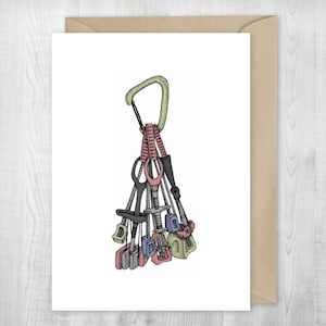 Rock Climbing Rack Card, wenskaartprint, bergbeklimmen, uitrusting, klimrek, avontuur, noten, Sherpa Ant, cams, sport, traditioneel klimmen