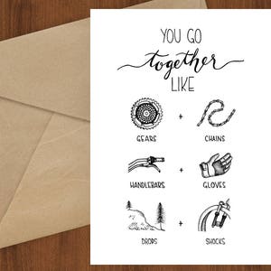 You Go Together - Mountain Bike Card, stampa di biglietti d'auguri, bicicletta, amore, partner, avventura, matrimonio, Sherpa Ant, anniversario, sport, 5x7