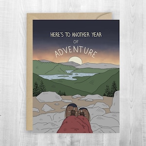 Cartão de felicitações para o Ano da Aventura, aniversário, memórias, aventura, cartão de aventura em acampamento, caminhada, exploração, cartão de paisagem de montanha