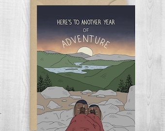 Carte de voeux Année d'aventure de randonnée, anniversaire, souvenirs, aventure, carte d'aventure de camping, randonnée, exploration, carte de paysage de montagne