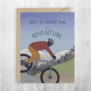 Cartão de felicitações do Ano da Aventura de Bicicleta, aniversário, memórias, aventura, cartão de aventura de acampamento, cartão de mountain bike, cartão de bicicleta em declive
