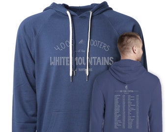 NH 4k pullover,  lightweight terry hoodie - cotton, polyester, hiking, White Mountains, blue, New Hampshire, peak bagger, sweatshirt