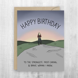Cartão de feliz aniversário, mulher, forte, memórias, aventura, cartão de aventura de acampamento, caminhada, exploração, cartão de paisagem de montanha