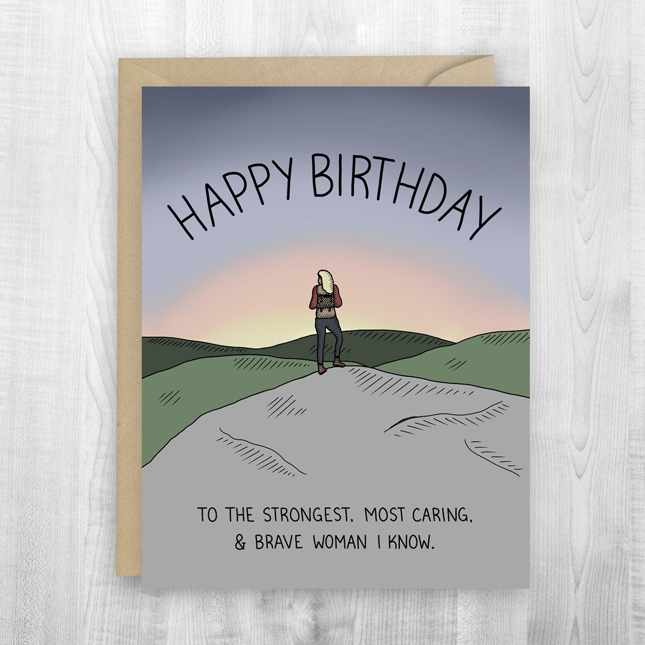Happy Birthday greeting card, woman, strong, memories, adventure, camping adventure card, hiking, exploring, mountain landscape card