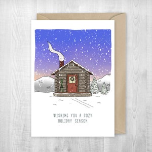 Cozy Holiday cabin card, campfire, woodstove, fireplace, hiking card, adventure, Sherpa Ant, ski cabin, ski chalet, camp, hike, snowy forest
