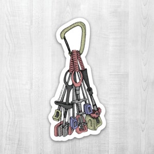 Trad Rack Sticker - escalada, pegatina de botella de agua, calcomanía de coche, montañas, aire libre, cumbre, viajes, carabeaner, duradero, vinilo