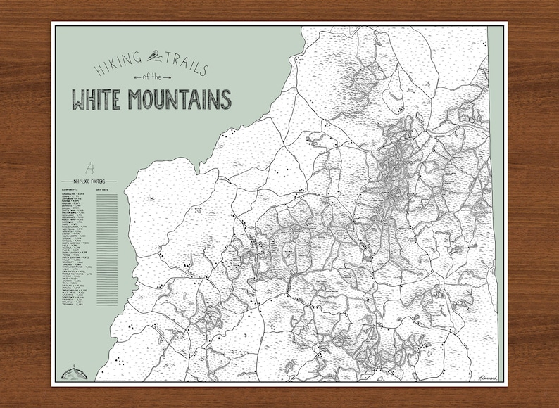 Color Your Hike White Mountains NH Hiking Trails Map, 4000 footers, hand drawn print, hiking gift, New Hampshire, Appalachian Trail, hike image 3