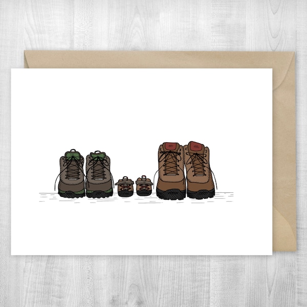 Baby Hiking Boots Card, wenskaart, bergbeklimmen, uitrusting, avontuur, Sherpa Ant, wandelende baby, familie, wandelschoenen, babyaankondiging