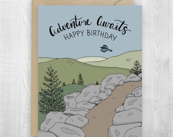 Adventure Awaits greeting card, birthday, memories, adventure, camping adventure card, bird, exploring, mountain landscape card