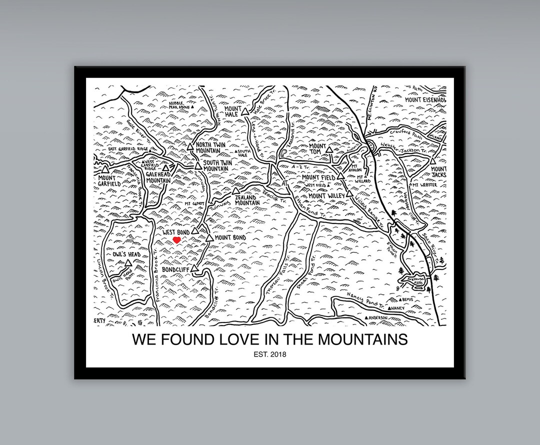 Customizable White Mountains Love Map, Where We Met, Fell in