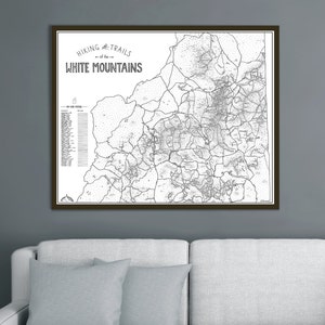 White Mountains NH Hiking Trails Map, 4000 footers, hand drawn print, map, hiking gift, color in, New Hampshire, Appalachian Trail, 30x24