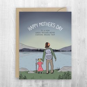 Tarjeta de felicitación del Día de la Madre, día de la madre, recuerdos, tarjeta de aventura de campamento, padres al aire libre, modelo a seguir, historias, niños, vestido, pantalones cortos