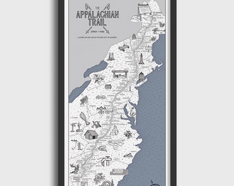 Appalachian Trail Color Your Hike Trail Map, hand drawn print, hiking gift, New Hampshire, 4,000 footers, hike,