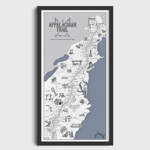 Appalachian Trail Color Your Hike Trail Map, hand drawn print, hiking gift, New Hampshire, 4,000 footers, hike,