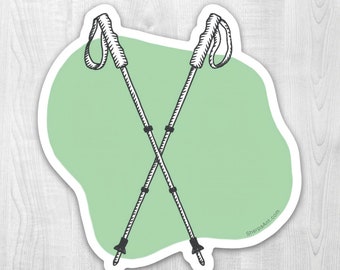 Hiking Poles (Green) Sticker - hiking, water bottle sticker, car decal, mountains, outdoors, summit, travel, durable, vinyl