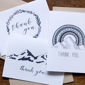 Thank You card 12 pack - thank you, illustration, outdoors, blank inside, mountain, adventure, wreath, mandala, sun, hand drawn, sherpa ant