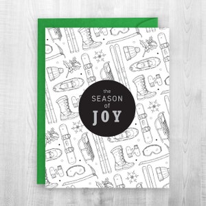 Season of Joy, vacaciones, aventura, tarjeta de senderismo, raquetas de nieve, esquí, snowboard, Sherpa Ant, cabina de esquí, invierno, frío, tarjeta de vacaciones, juego de cartas, trineo