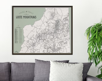 Color Your Hike - White Mountains NH Hiking Trails Map, 4000 footers, hand drawn print, hiking gift, New Hampshire, Appalachian Trail, hike