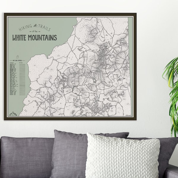 Mapa de rutas de senderismo de las Montañas Blancas de Nuevo Hampshire (Verde), picos de 4000 pies, impresión para colorear (30x24)