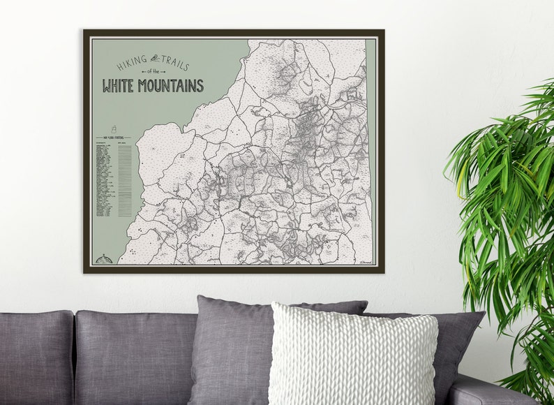 Color Your Hike White Mountains NH Hiking Trails Map, 4000 footers, hand drawn print, hiking gift, New Hampshire, Appalachian Trail, hike image 1