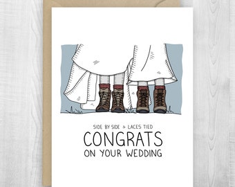 Wedding Hiking Card, marriage card, engagement, hiking boots, congratulations, gay wedding, mountain, anniversary, wedding dress, LGBTQ