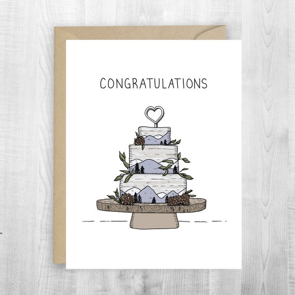 Congratulations Wedding Cake greeting card, anniversary, mountain cake adventure cake, hiking wedding, adventure wedding, 1 year anniversary