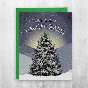 Saison magique, arbre, Noël, vacances, aventure, randonnée, ski, snowboard, Sherpa Ant, hiver, froid, carte de vœux, jeu de cartes, traîneau