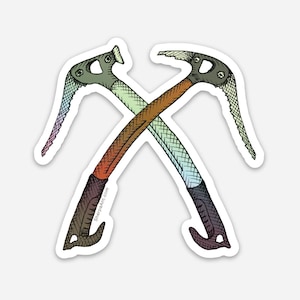 May include: Two crossed ice axes with a rainbow gradient color scheme. The axes are drawn in a detailed, hatched style. The text "SherpaArt.com" is visible on the lower right axe.
